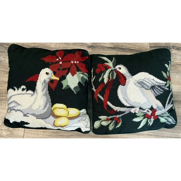 Matching Pair Needlepoint Christmas Pillows Dove Goose Poinsettia Green Velvet - Picture 1 of 8